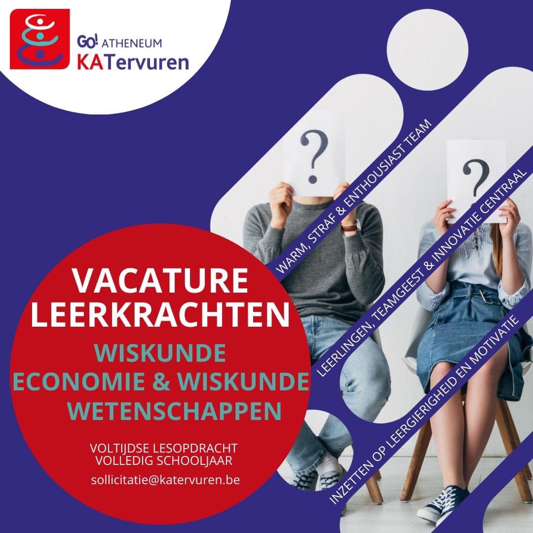 GO! atheneum KA #Tervuren zoekt 3 straffe leraren voor een voltijdse opdracht volgend schooljaar! Ben jij dé leraar wiskunde, wetenschappen of wiskunde-economie die onze leerlingen zoeken? Alle info => katervuren.be 👇#GOwerftaan  #Vacature #Onderwijs