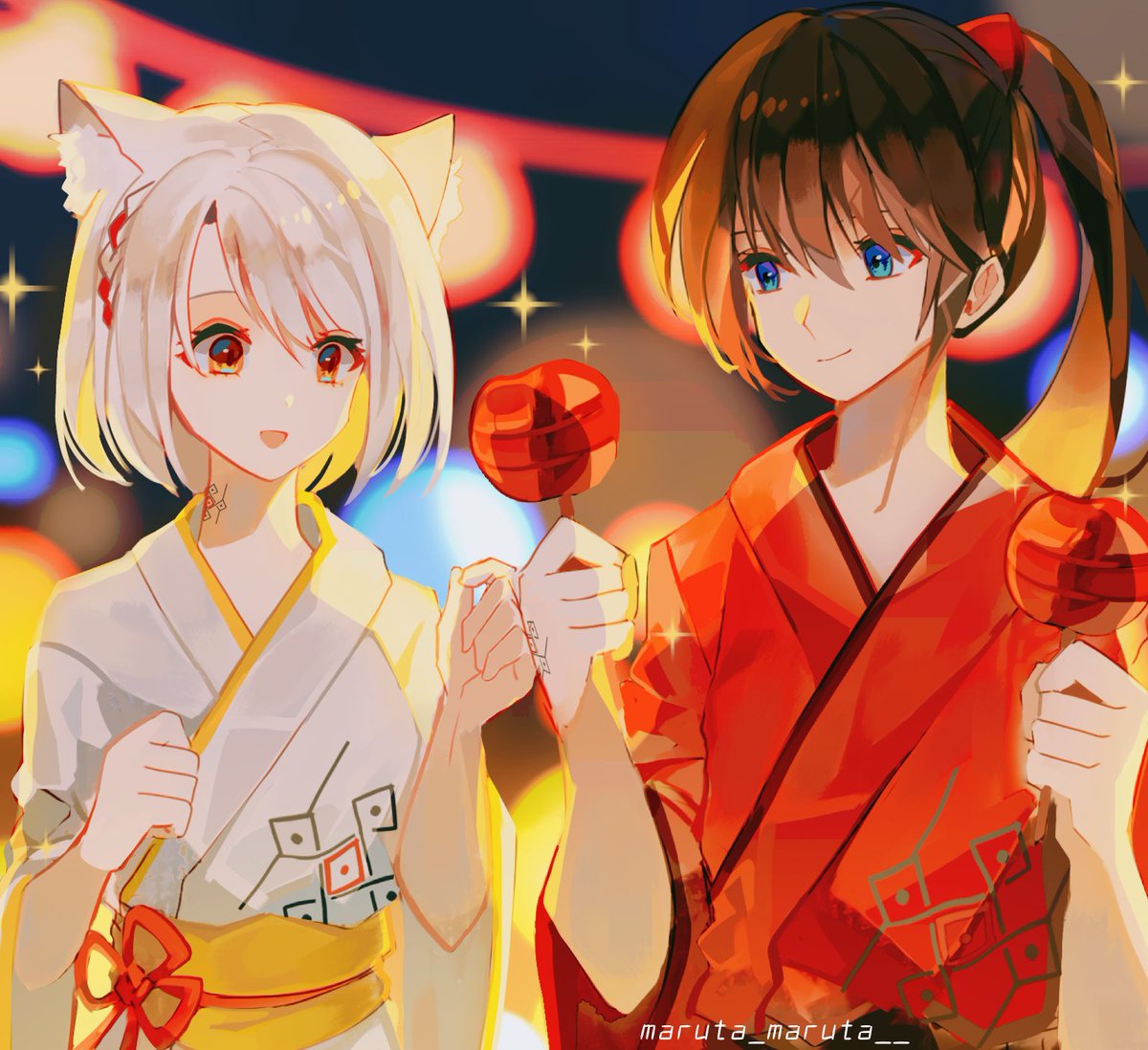 1girl 1boy japanese clothes animal ears kimono ponytail candy apple  illustration images