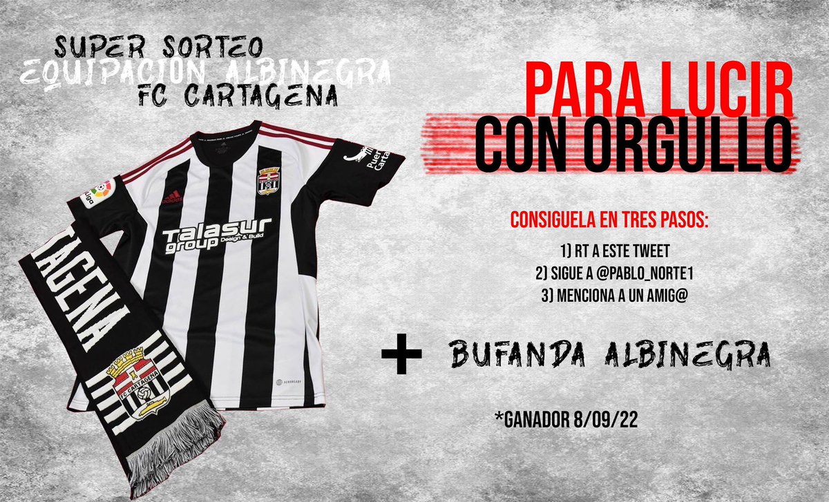 Pablo_Norte1's tweet photo. 🙋🏻‍♂️#SuperSorteoAlbinegra

Sorteo la 1ª nueva equipación ➕ bufanda albinegra del FC Cartagena

Consíguela en tres pasos:

➡️ RT a este tweet
➡️ Sigue @Pablo_Norte1
➡️ Menciona a un amig@

*𝐆𝐚𝐧𝐚𝐝𝐨𝐫 𝐞𝐥 𝟎𝟖/𝟎𝟗/𝟐𝟐 https://t.co/auRkjYAgsX