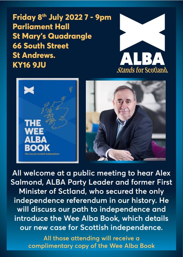 AlbaFife's tweet photo. Tonight's the night! 😀 all welcome to our public meeting featuring @SSalyers2, @CrossgateCentre
 and Alex Salmond @AlbaParty Leader.  

Doors open at 6pm for 7pm start in the historic setting of Parliament Hall in St Andrews🏴󠁧󠁢󠁳󠁣󠁴󠁿 

Free entry and @WeeAlbaBook for all attendees. https://t.co/SZxSz2KCcU