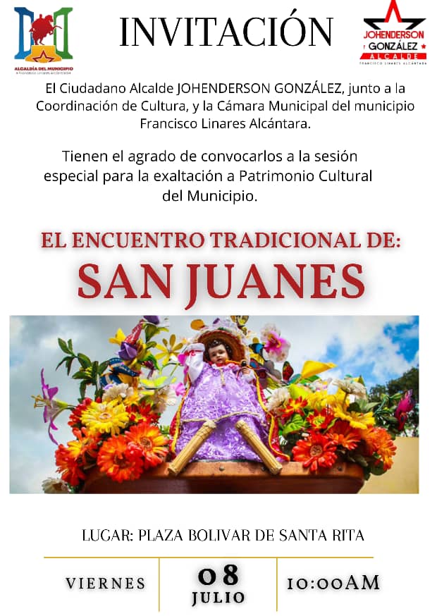 #8Julio La Coordinación de Cultura del Municipio #FLA invita al Encuentro Tradicional de San Juanes desde la Plaza Bolívar de Santa Rita, a partir de las 10:00 AM. No te lo pierdas! .<a href="/Soykarinacarpio/">Karina Carpio</a> @JohendersonMrt <a href="/GobiernoAragua_/">Gobierno Aragua</a>