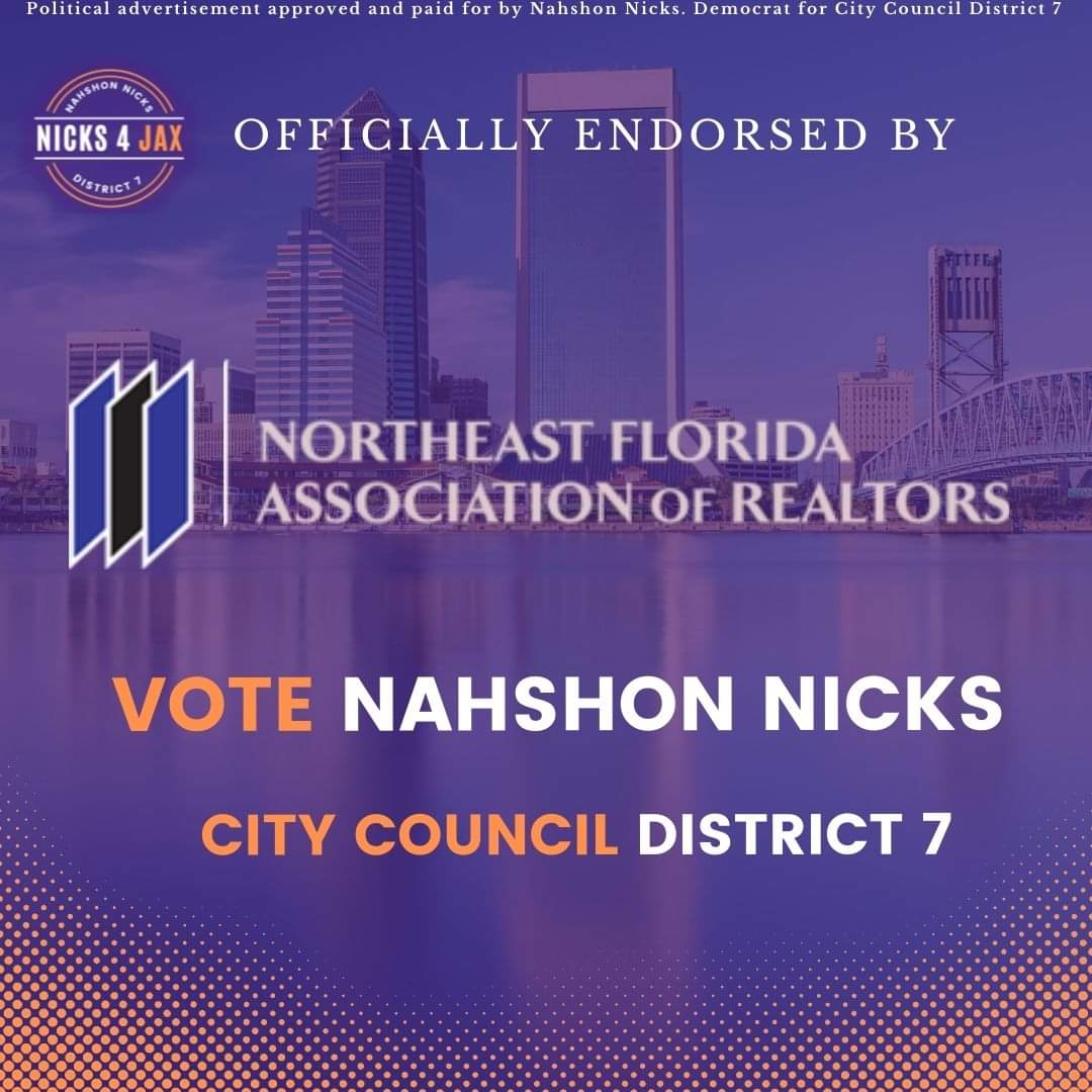 NahshonNicks's tweet photo. 💜 Endorsement Alert 🧡
Nahshon Nicks for City Council District 7 has officially been endorsed by the @yourNEFAR
We appreciate the support and recognition.
#HeartbeatOfTheCity #DestinationDuval #VoteNicks #Winning #Jaxpol #Duval https://t.co/cMxbqIVv3h