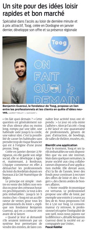 Premier jour des vacances et on se retrouve dans <a href="/sudouest/">Sud Ouest</a> ! 
Un signe qu'il est temps de se demander ce qu'on fera comme activité de son été. Même en dernière minute c'est possible grâce à Toog 🔥☀️😎