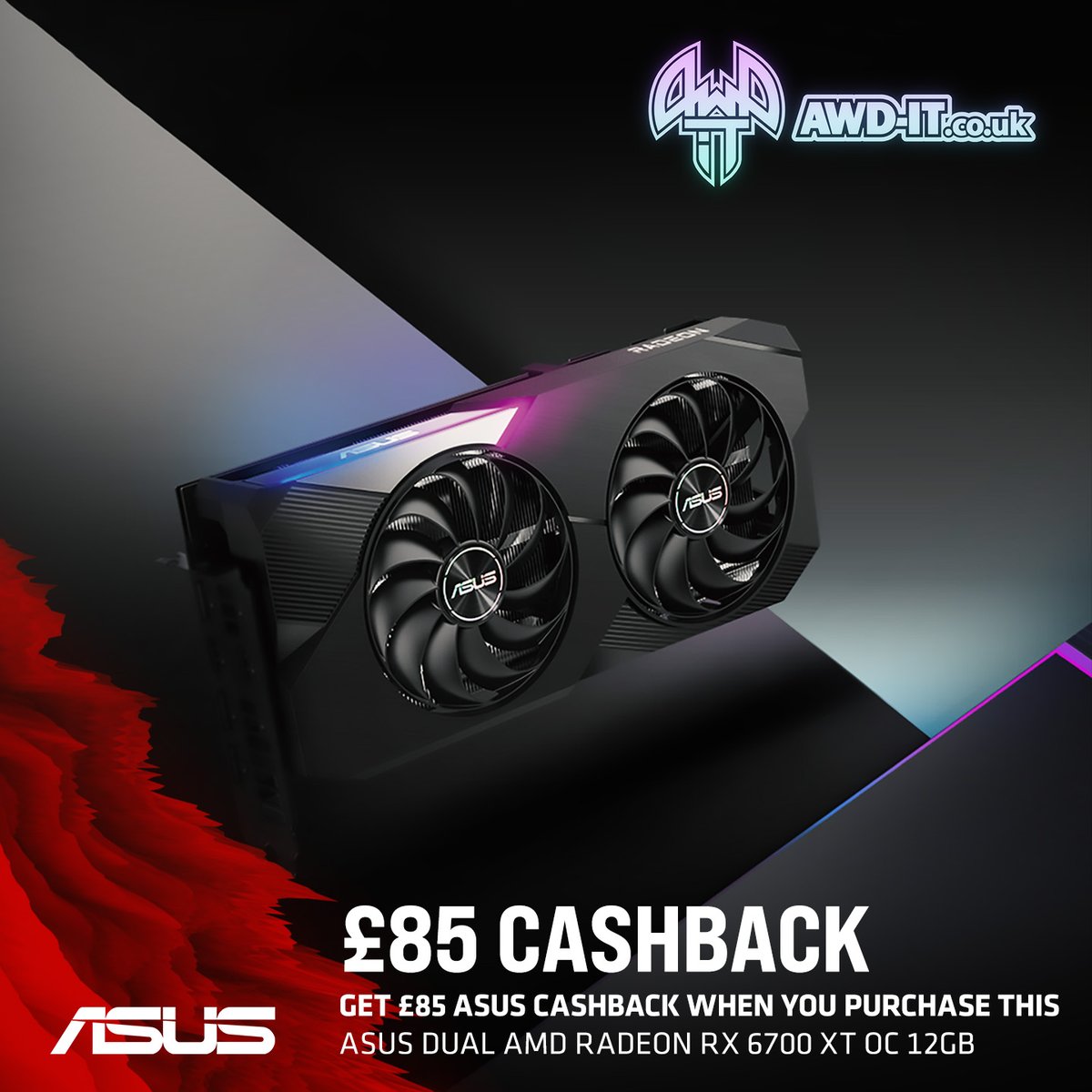awdit's tweet photo. Claim £85 ASUS Cashback when you purchase this @ASUSUK DUAL Radeon RX 6700 XT OC Edition! 😍✨

Massive savings on this powerful Graphics Card dropping from £464.99 to £379.99 with the £85 ASUS Cashback 🤯

Don't miss out on this insane deal: https://t.co/3NutH3YaEY https://t.co/cEjEuvgLUt