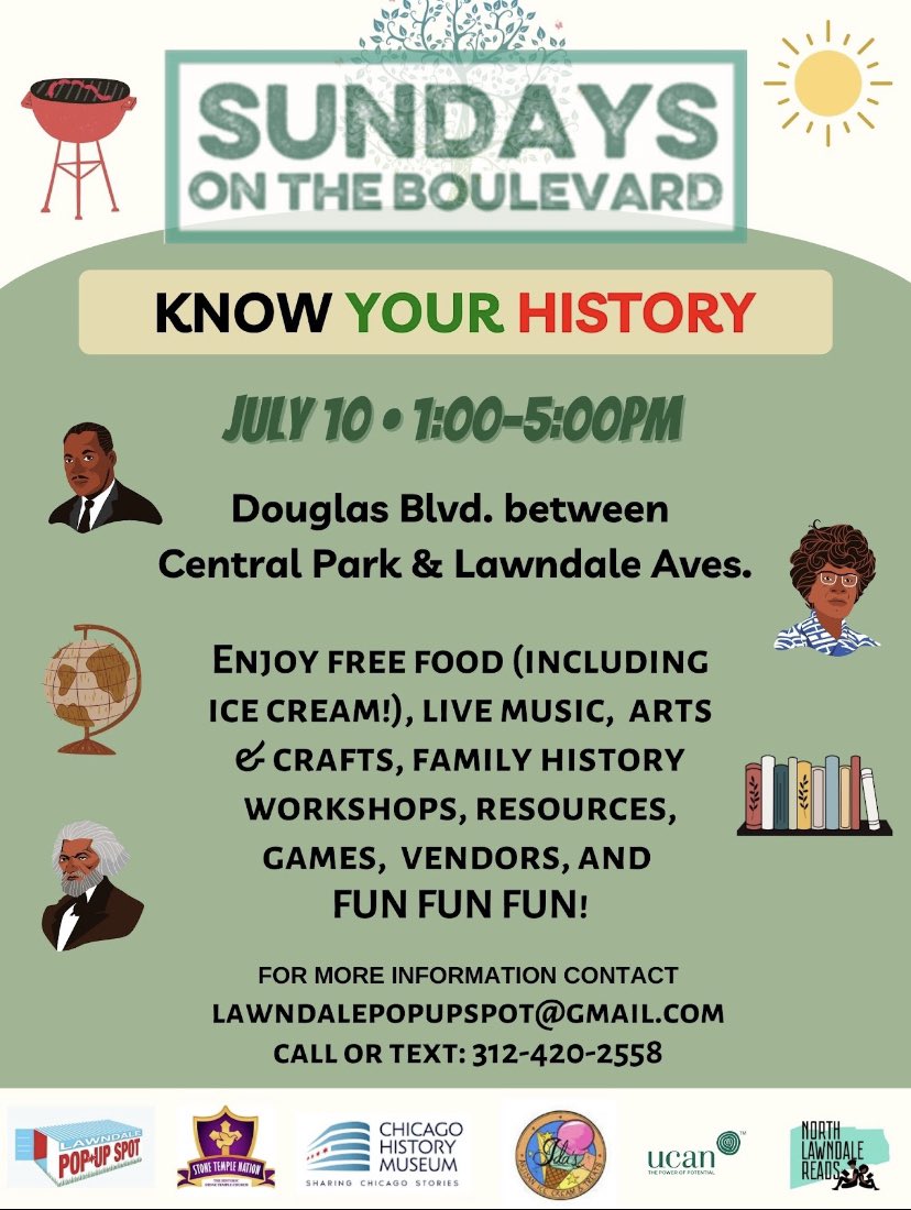 This Sunday’s event will be stellar, thanks to the participation of <a href="/ChicagoMuseum/">ChicagoHistoryMuseum</a> <a href="/blackivists/">The Blackivists</a> <a href="/greenstarmvmt/">Green Star Movement</a> <a href="/FoodForTheSoul/">FFTS</a> <a href="/stonetemple3622/">Stone Temple Church</a> <a href="/UCANchicago/">UCAN</a> @OpenBooks <a href="/SitStayRead/">SitStayRead</a> <a href="/saic_homansq/">SAIC at Homan Square</a> and our many other partners! Come get some FREE TAMALES AND ELOTES too!