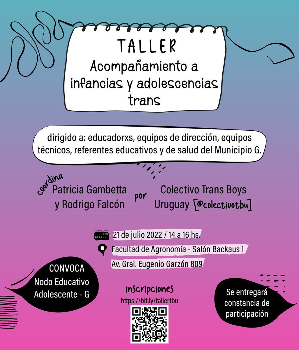 MunicipioGMvd's tweet photo. ¡Taller de Acompañamiento a infancias y adolescentes trans!

👉🏼 Compartimos invitación realizada por el Nodo Educativo Adolescente del territorio del Municipio G.

📝 Para inscribirte ingresar al siguiente link:
https://t.co/uILhF12XZj

#tumunicipiog #elmejormunicipioescontigo https://t.co/3OlDsYXvKC