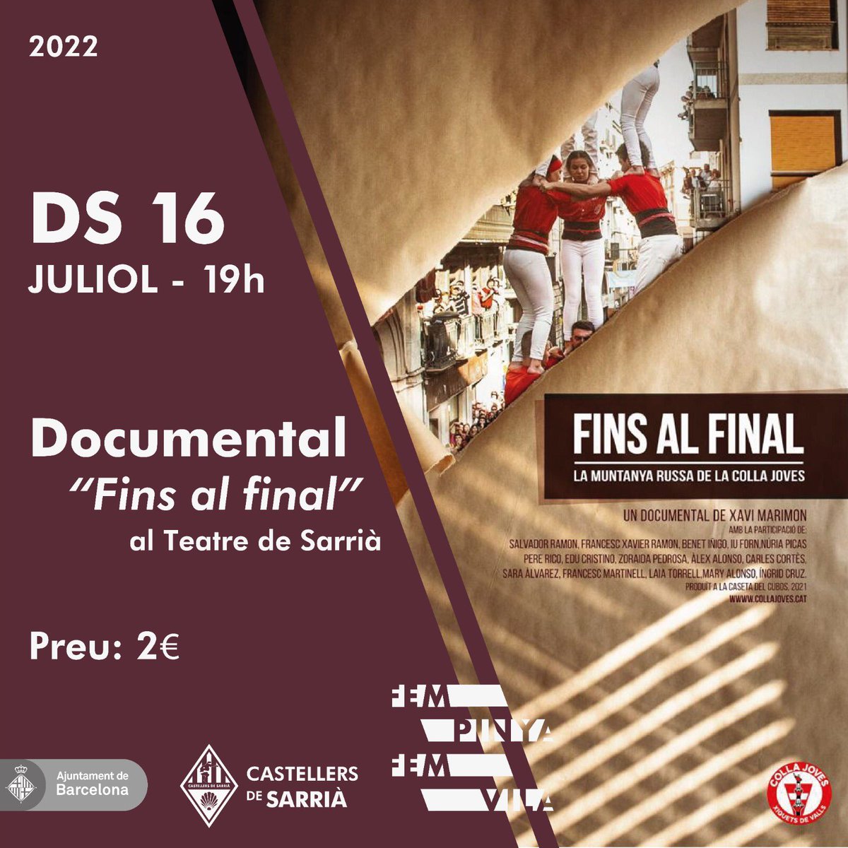 El proper dissabte 16 de juliol ens trobem al <a href="/Centredesarria/">Centre i Teatre de Sarrià</a> per visionar el documental “Fins al final” de la <a href="/JovesValls/">Colla Joves Xiquets de Valls</a> 

Podeu reservar les entrades en aquest enllaç: 
teatredesarria.cat/programacio/ci…