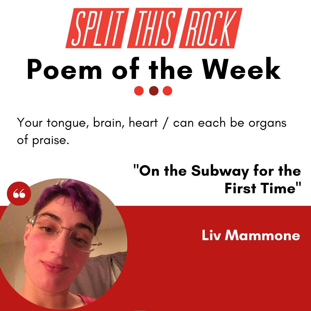 SplitThisRock's tweet photo. Content Notice: refers to ableism

Your tongue, brain, heart / can each be organs of praise.

Poem of the Week is “On the Subway for the First Time” by Liv Mammone. Poem as audio &amp; text at The Quarry: https://t.co/khDKegUy2O

#DisabilityJustice #PoetryCoalition #PoemoftheWeek https://t.co/zacjfJCFjR