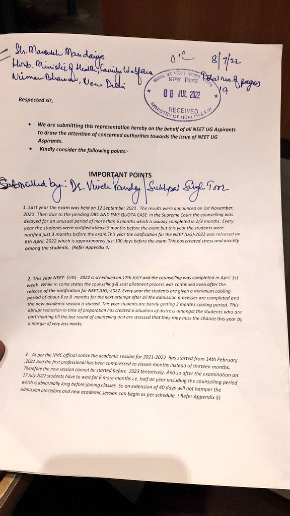Vivekpandey21's tweet photo. Dear #NEETUG aspirants , Me and @ActivistSukhpal Ji has submitted 19 pages memorandum to @MoHFW_INDIA on students demands. @mansukhmandviya
#NEETUG #NEET2022 #MODIJIdeferNEETUG #PMOHelpNEETUGAspirantsPlease
#DharmendraPradhanHelpUs https://t.co/eRUh1OZj0L