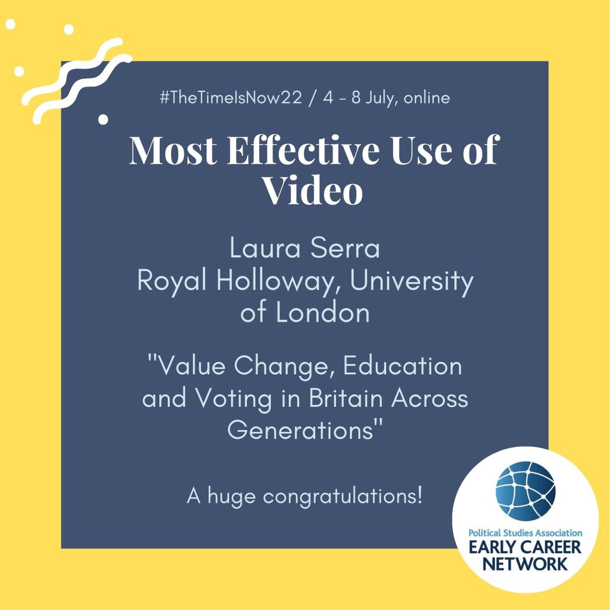 psa_ecn's tweet photo. π #TheTimeIsNow22 Awards π
π Most Effective Use of Video
Winner: Laura Serra (@RoyalHolloway) for her presentation titled "Value Change, Education and Voting in Britain Across Generations"
Many congratulations!! π₯³ππ» https://t.co/n3n9ApaN70