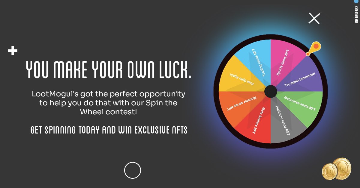 LootMogul's tweet photo. Time to try out your luck again because we are back with our Spin the Wheel contest!

Exciting, right? Well, tune in to our website https://t.co/sfiDgcBozI and test your luck!

#spinwheel #freenft #playtoearn #nftcommunity #influencergaming #sportstrivia #metaverseseat https://t.co/PxsTkrGxVz