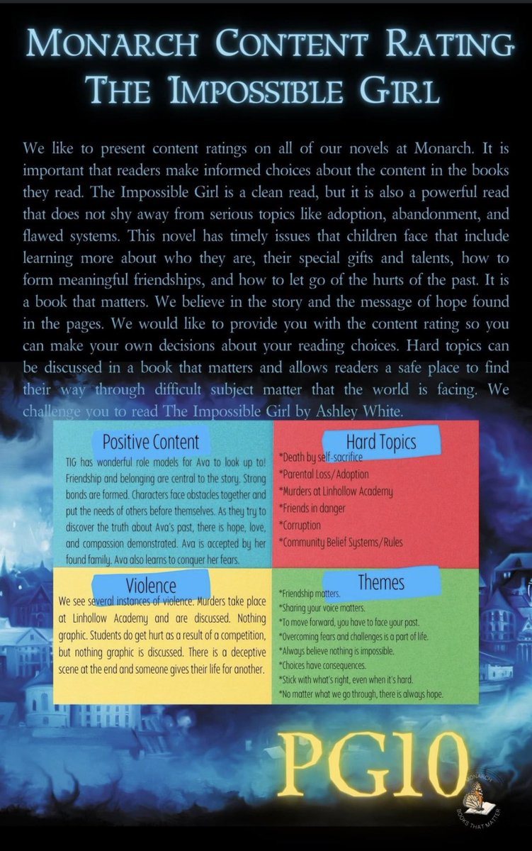 jenlowrywrites's tweet photo. Monarch content rating for The Impossible Girl by @AshleyW2591 #bookrating #bookseller #librarian #teacher #educator #homeschool https://t.co/dbaWRMEVNZ
