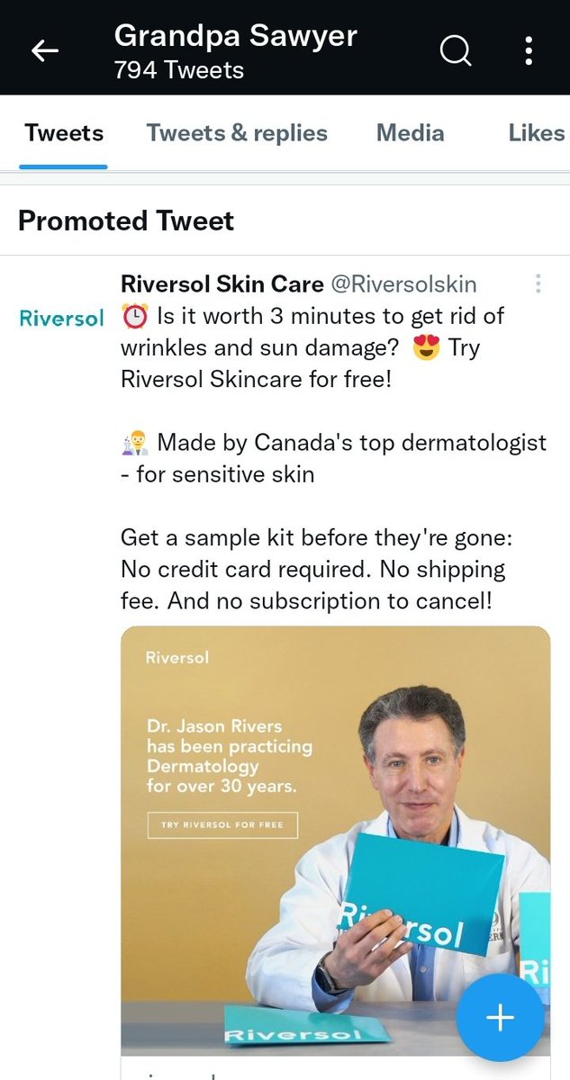 BadBabysitterH6's tweet photo. @grandpasawyer74 Checking put your profile and the promoted tweet is this! (I'm dying from laughter at this ad being on your character's timeline. 😂💀) https://t.co/uAht4kMwBo