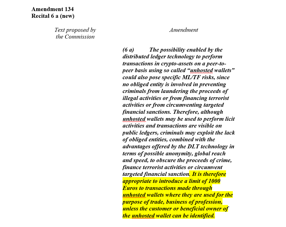 BlockchainforEU's tweet photo. @Europarl_EN Under #TFR, for transfers to CASPs' own customers' unhosted wallets >EUR 1000, #CASPs assess risk & take mitigating measures if needed (identity verification being one of them).
Under #AMLR amendment, transactions >EUR 1000 through #unhostedwallets are prohibited unless verified. https://t.co/0j7Sy2gfQR