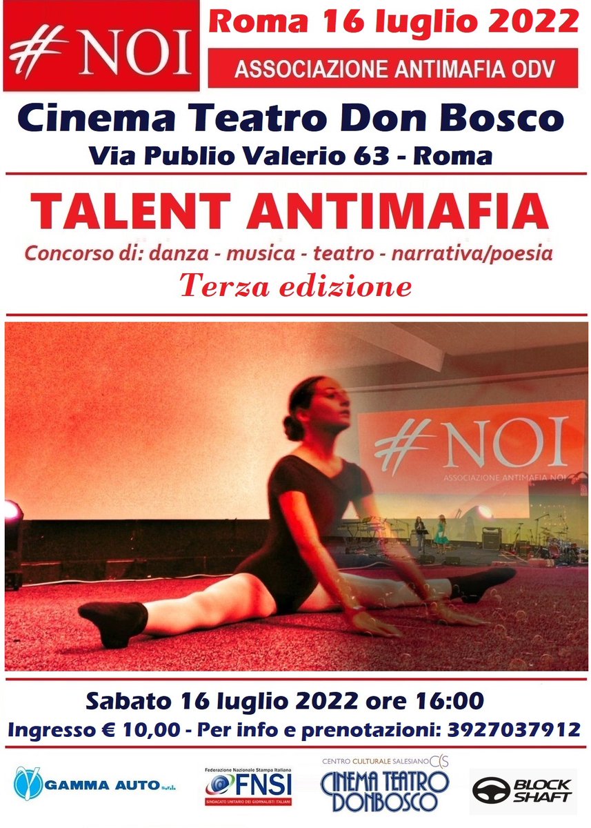 Da domani vi presenteremo uno ad uno i 12 straordinari finalisti del Talent Antimafia #Noi, tre per ogni categoria in concorso. Li vedremo esibirsi dal vivo sabato prossimo al Cinema Teatro Don Bosco. Per conoscerli seguici sui social!

- 7 giorni alla finalissima del Talent #Noi