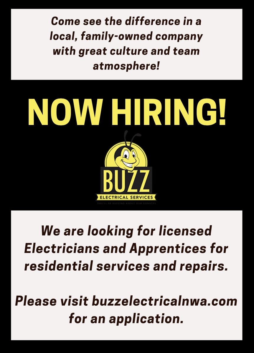 BuzzElectrical_'s tweet photo. We’re Hiring! We are looking for licensed Electricians and Apprentices for residential services and repairs. Please visit https://t.co/9aoXaTdL0I for an application. 
Resumes and/or applications may also be sent to dale@hillark.com. https://t.co/d7ku6A63M0