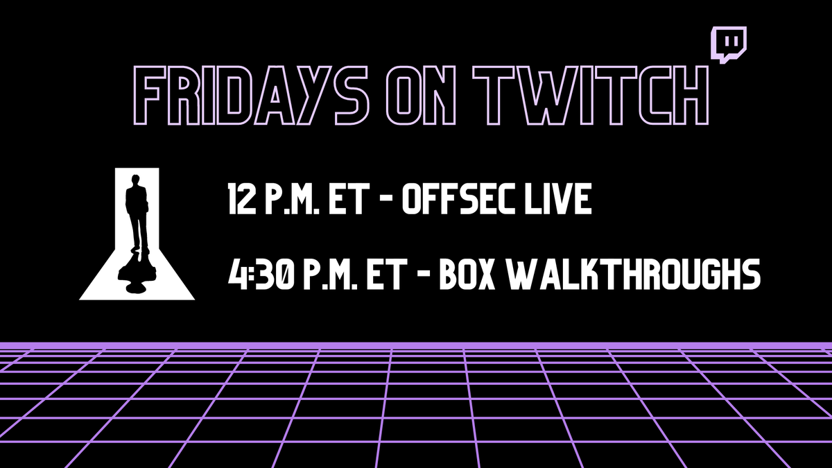 offsectraining's tweet photo. ✌️ reasons to join us on Twitch today:
1️⃣. 🕐⇢12 p.m. ET | #OffSecLive - Active Information Gathering
https://t.co/BiFdWJFjkr
2️⃣. 🕟⇢ 4:30 p.m. ET | Box walkthrough with S1REN
https://t.co/ioAfGLBfF7 https://t.co/ggM5uJrbyN