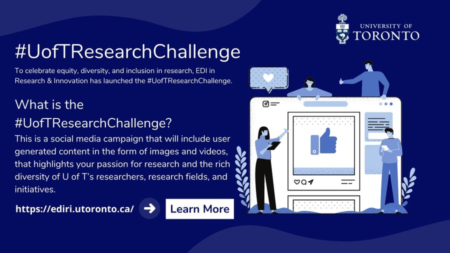 Do you integrate equity, diversity & inclusion into your research practice or design? Join the #UofTResearchChallenge! Open to all students, staff & faculty in #UofT's research community. 💻 Learn more: ediri.utoronto.ca