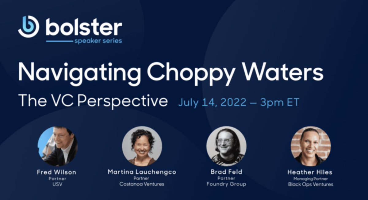 BlueIvyVentures's tweet photo. WEBINAR. We are proud to partner with @BolsterTalent and fellow investors @FredWilson, @bfeld, @mavinmartina, and @HeatherHiles for a conversation about navigating the current market conditions on July 14th at 3 PM ET.
Sign up: https://t.co/nvMIcPtwem
#NetworkPoweredVC https://t.co/iLbLiCPSa4