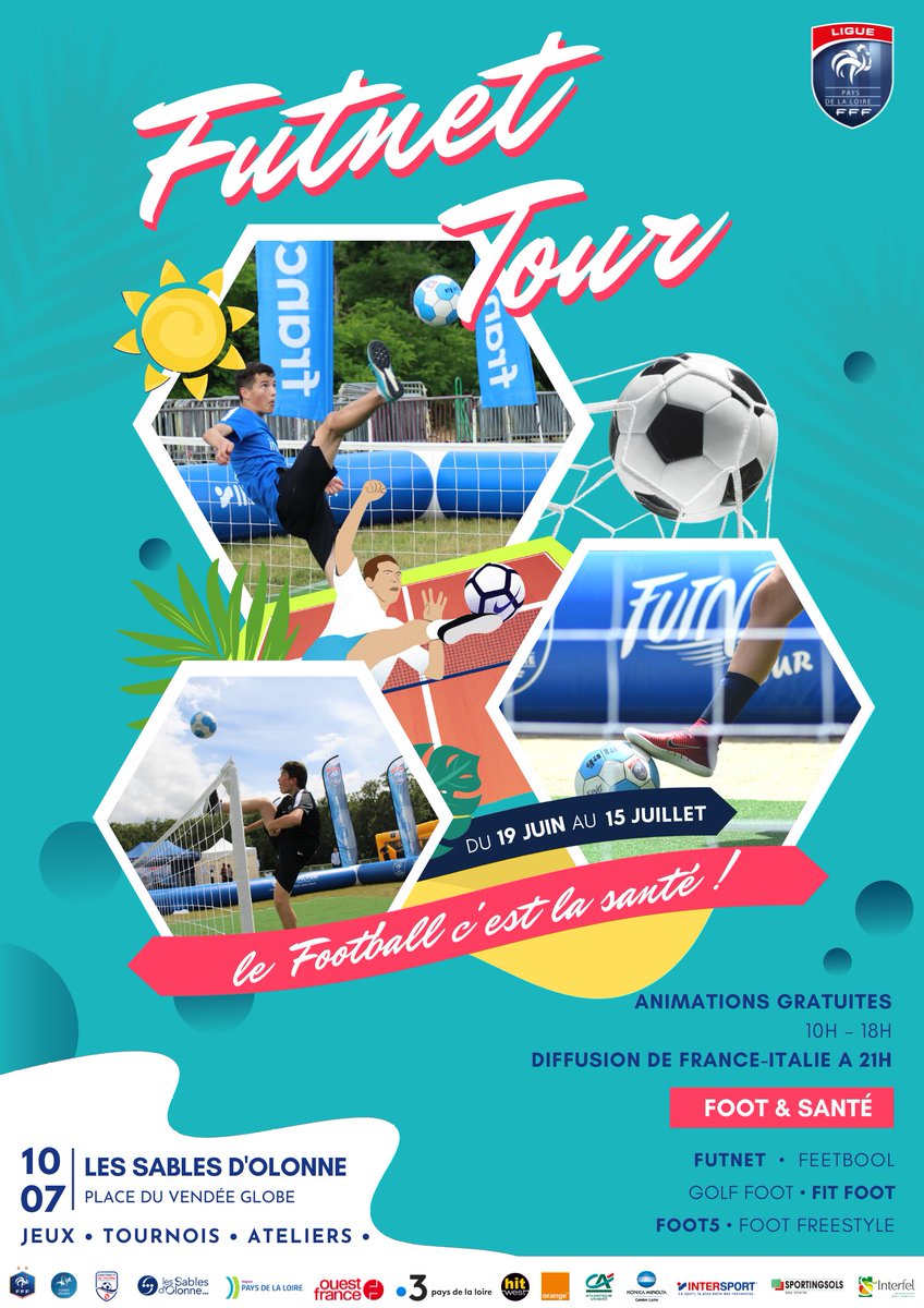 F3PaysdelaLoire's tweet photo. Si vous aimez le foot ⚽️, participez au #Futnet Tour ce dimanche 17 juillet de 10h30 à 18h aux @lessables🔥 Challenge jonglage Paris 2024, #tennisballon #feetbool #cecifoot #GOLFFOOT: participez aux animations gratuites de la @LigueFootLFPL
+d'infos ► https://t.co/wPRnTd9hx1 https://t.co/21fNNBSdaf