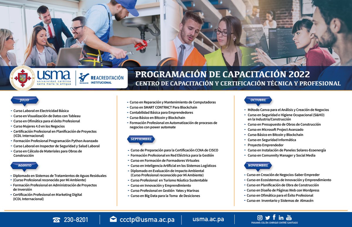 USMApanama's tweet photo. 👷♀️Conoce la oferta académica del Centro de Capacitación y Certificación Técnica (CCCTP), si te interesa alguno, puedes escribir al correo ccctp@usma.ac.pa para más información. 📧
#curso #seminario #CCCTP
#USMAPanamá #CCCTPUSMA https://t.co/cpI2FByrx1