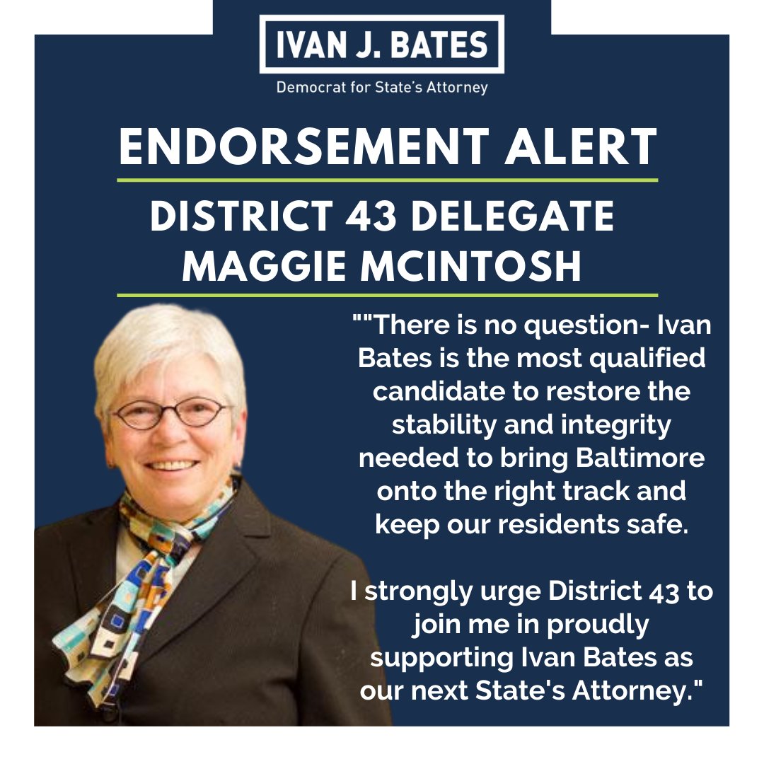 ivanjbates's tweet photo. An incredible leader in Baltimore, and one of the most accomplished women to serve in the legislature. I am so proud to announce that @DelMaggie43 has endorsed my campaign for State's Attorney. This is momentum, and we're going to win. #BatesForBaltimore https://t.co/xwL4vrUxxY