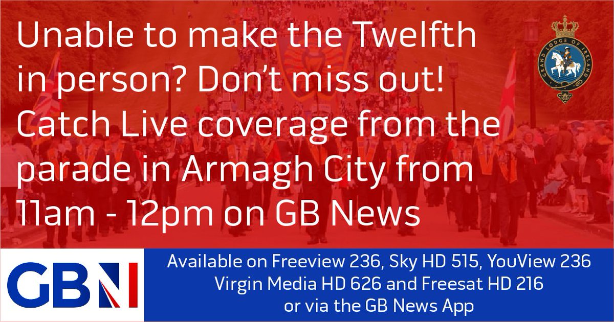 OrangeOrder's tweet photo. 🏴󠁧󠁢󠁥󠁮󠁧󠁿🏴󠁧󠁢󠁷󠁬󠁳󠁿 If you're in England and Wales and want to watch the #Twelfth celebrations you can watch coverage of the parade in Armagh City live on @GBNEWS
Details below ⬇️
Please share this post with all your contacts https://t.co/d7DHuzVXxw