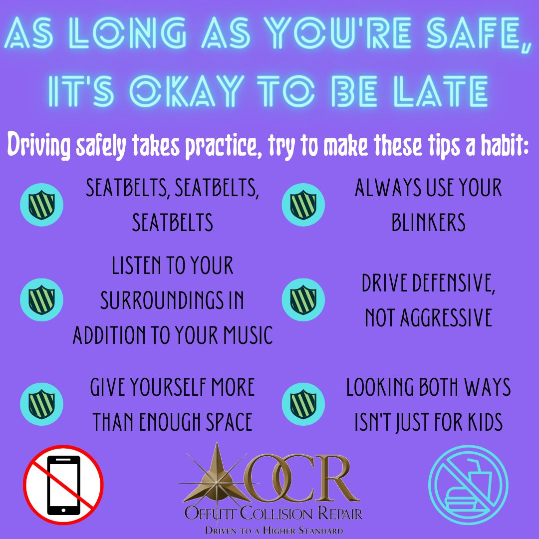Keep these tips in mind when you're behind the wheel to help avoid accidents! Safe driving is key to keep yourself and your vehicle out of harm's way! #OffuttCollisionRepair #OCR #SafeDriving #SafeTravels #DrivenToAHigherStandard