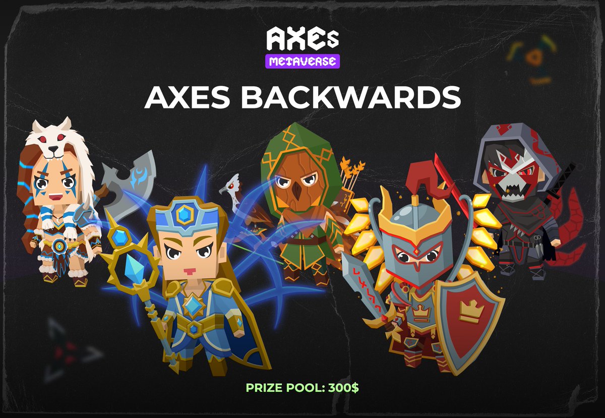 #AxesRaffle
AXES BACKWARDS

Winners: 3
Prize pool: 300$ (100$ each) 

Terms:
1. Retweet this post 
2. Go to t.me/axes_metaverse…, find the post about the Beta Test (June 28, 15:05 UTC) and send 🪓 to the comments
3. 1 USER = 1 COMMENT 

End time: July 11, 12:00 UTC
Good luck❤️