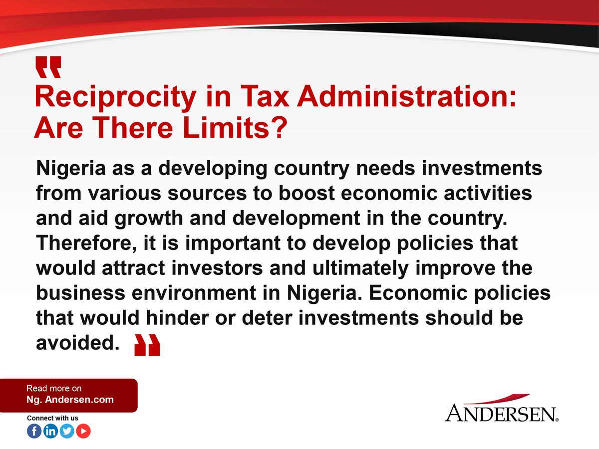 AndersenNigeria's tweet photo. This is an excerpt from our article ‘Reciprocity in Tax Administration: Are There Limits’
https://t.co/1QPQg1oiqc
#taxadminstration #taxation #multipletaxation #doubletaxation #foriegntax #tax #nigeria https://t.co/SQDBCfdnVR