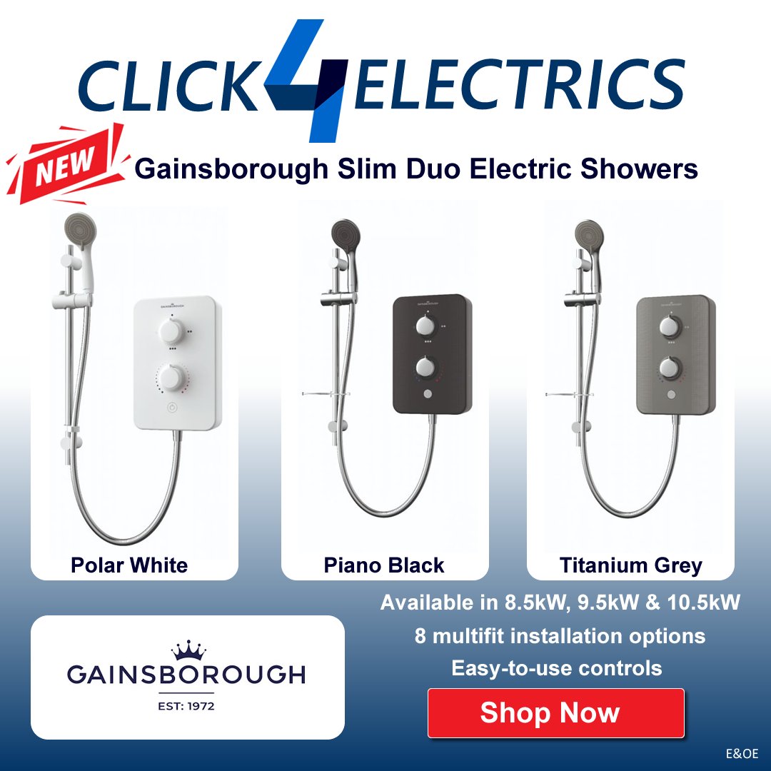 Click4Electrics's tweet image. Stylish, Modern, Slim Duo Electric Showers from Gainsborough now available. Explore our range tiny.one/shower-range
Explore our full range of products from your online electrical wholesaler click4electrics.co.uk
#Click4Electrics #GainsboroughShowers #ElectricShowers #Shower