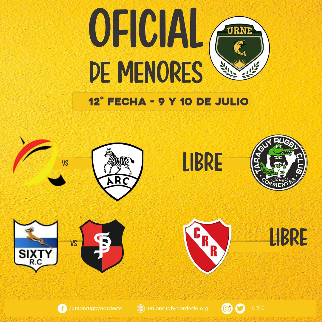 así se juega la fecha 12 del torneo oficial de menores
los partidos de la M19 y M17 a las 14:30 hs.
los partidos de la M16 y M15 a las  13:00 hs.
.
#TorneoOficial #RugbyMenores #URNE #Rugby