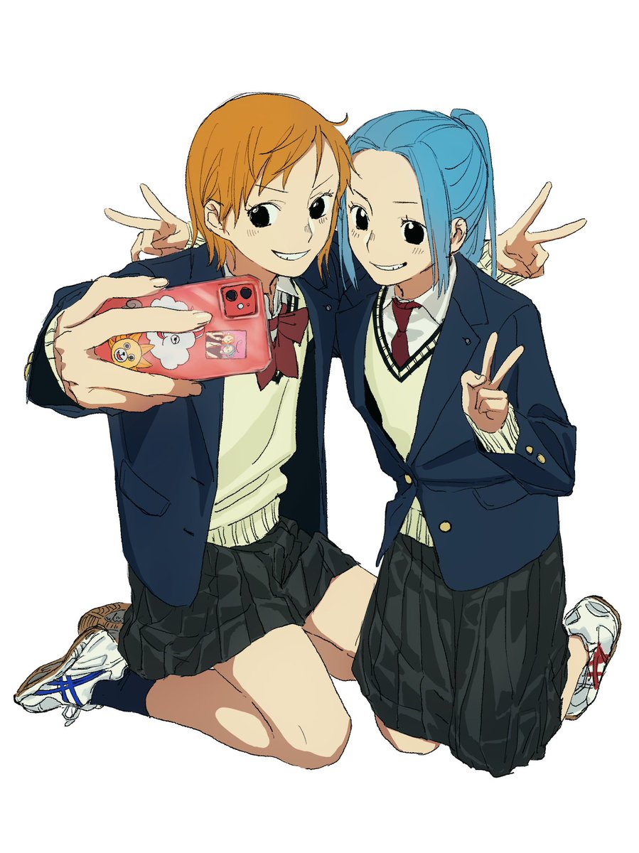 multiple girls 2girls v blue hair school uniform skirt phone  illustration images