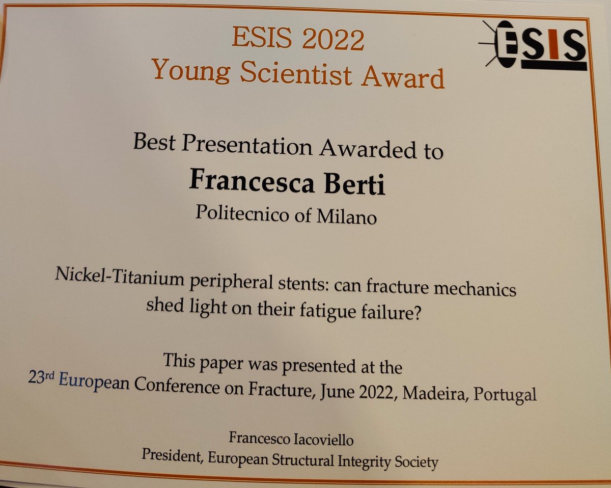 Last week I presented the results of my newest research at the European Conference on Fracture in Madeira <a href="/european_2020/">European Conference on Fracture 2022</a>.
I was awarded Best Presentation in the frame of the Young Scientist Competition Award.
I am grateful for this achievement.
#award #scientist #polimi #ECF23