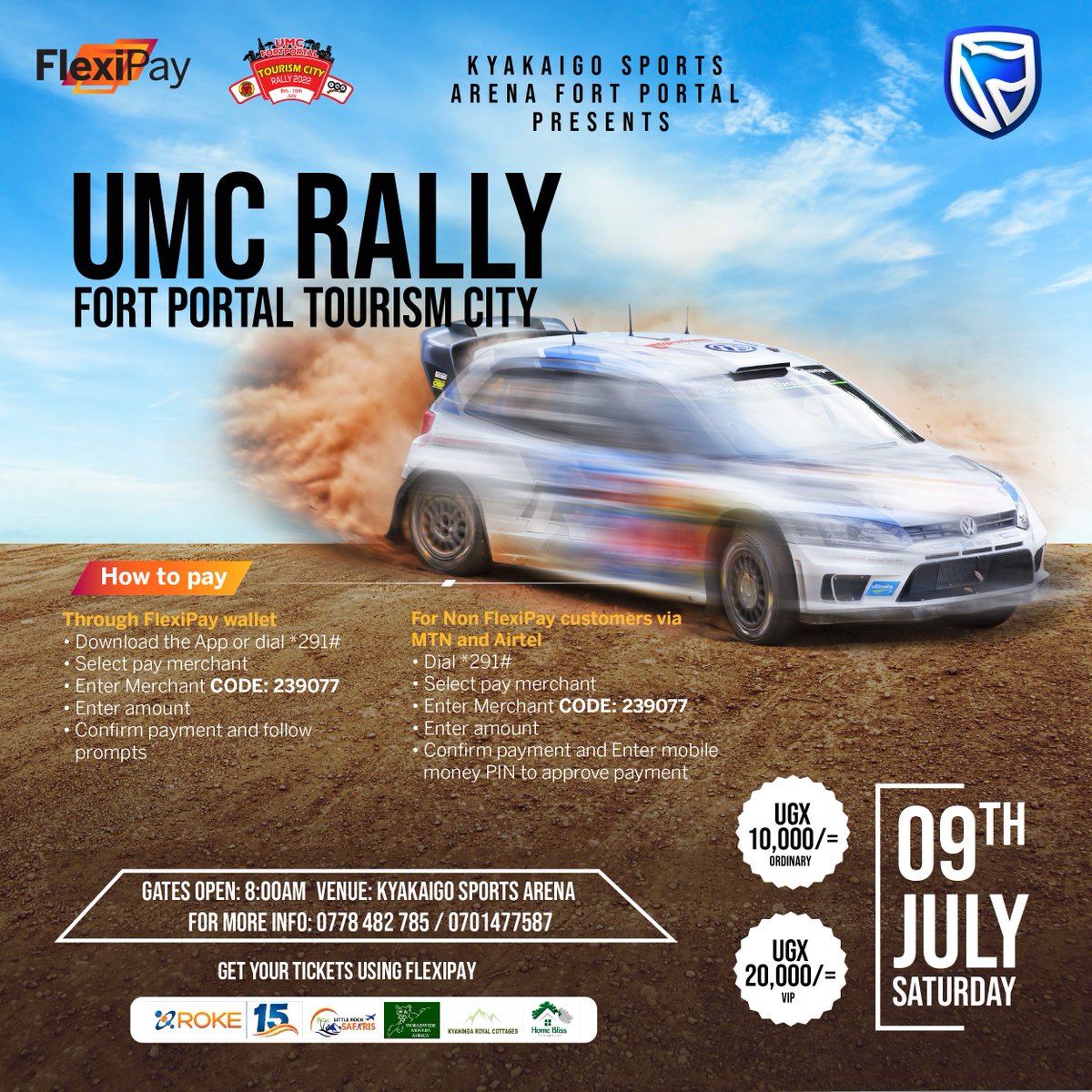 stanbicug's tweet photo. Don't miss the #UMC Fort Portal Tourism Rally this weekend at @kyakaigo Sports Arena. Get your tickets today.

Powered by #FlexiPay, #LiveFree 🏁🏎💨 https://t.co/Lphz9Ze2p1
