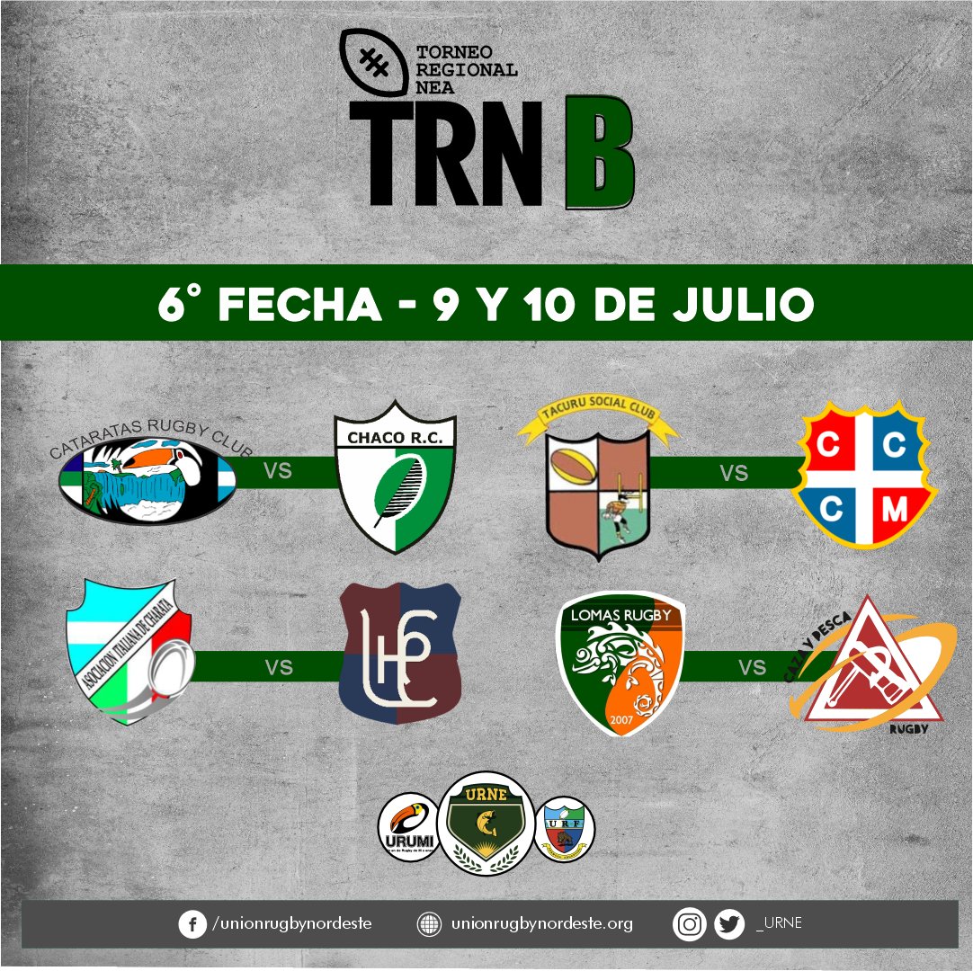 se juega la sexta fecha del torneo Regional
Ascenso B
➡️sábado:
15:00 Italiana - Pay Ubre
15:30 Tacuru - Centro Cazadorez
➡️domingo:
15:00 Cataratas - Chaco R.
15:00 Lomas - Caza y Pesca
.
#URNE #Rugby #TRNEA #TorneoRegional