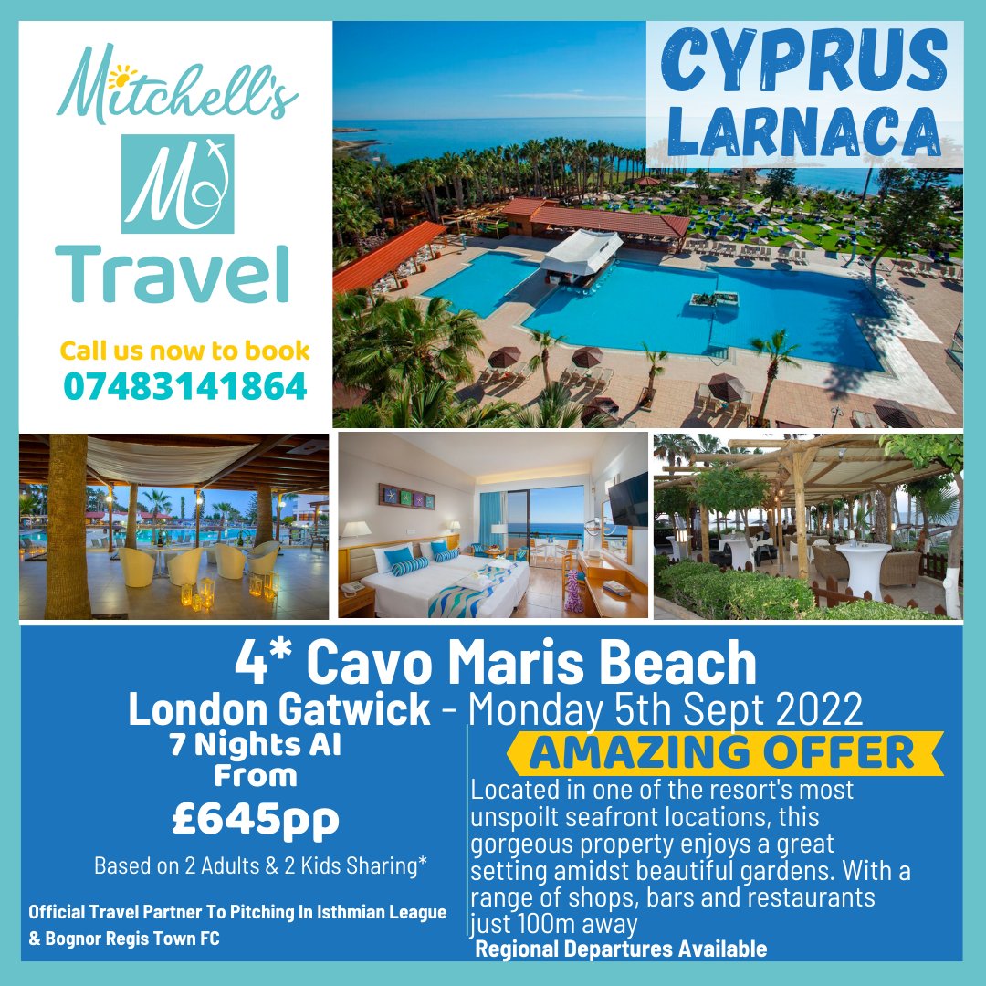 ☀️Larnaca, Cyprus☀️
💥AMAZING OFFER💥
✈️ Multiple UK Departures 
SEE PICTURE FOR FULL DETAILS
🌟 Call Mitchell’s Travel Today To Book Your Next Holiday
☎️ 07483141864
⚽️ Official Travel Partners To <a href="/IsthmianLeague/">The Pitching In Isthmian League</a> &amp; <a href="/rocks1883/">Bognor Regis Town</a> 
#holidays #cyprus