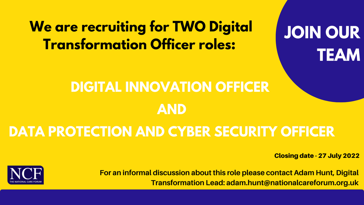 NCFCareForum's tweet photo. Are you passionate about digital transformation? Interested in cyber-security, information governance and innovation in social care? Then take a look at our latest roles and apply here: 

https://t.co/UqiJcfnZAR

https://t.co/Hdc8yu2gqA

Closing date: 27 July 2022 https://t.co/DnqUFrytEt