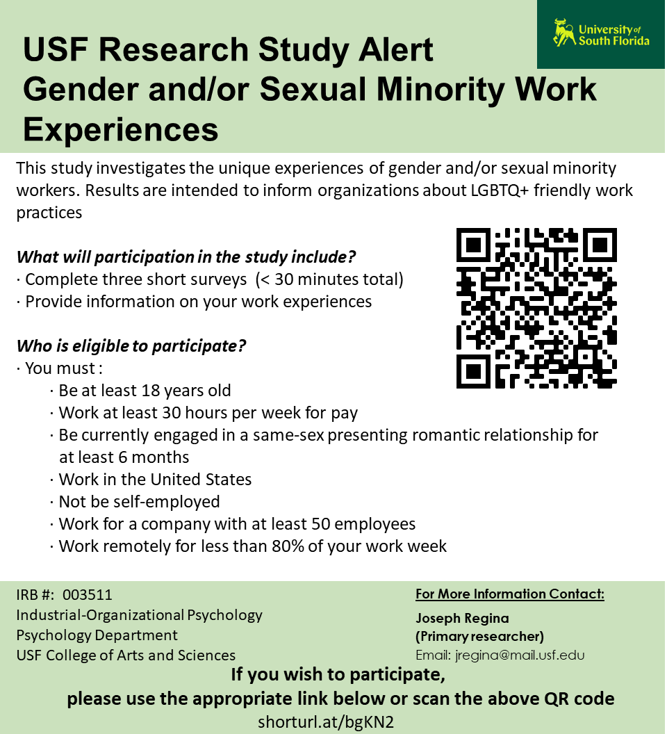 TammyDAllen's tweet photo. Please share! Doctoral dissertation project research on LGBTQ+ employee work-family experiences led by @JoeRegina_IOPsy. Small incentive available to participants and to show appreciation I am also making donation to @HRC. https://t.co/nZb42NtZUR