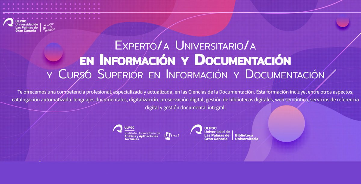 infodoculpgc's tweet image. 📢3ª ed. del Título propio en Información y Documentación (en línea) que oferta la ULPGC.

📆Inscripción y matrícula: 18 de julio a 9 de octubre.

🔗formacioninfodoc.ulpgc.es

🙋‍♀️No dejes escapar la oportunidad de formarte y adquirir nuevas competencias profesionales.

#InfoDocULPGC