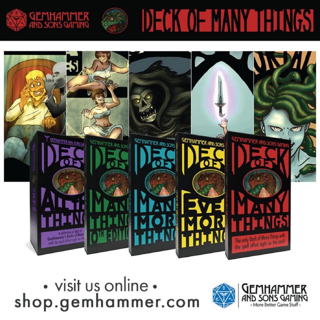 GemhammerGaming's tweet photo. What are the 10 greatest words to hear in a campaign?
“I’d like to draw from the Deck of Many Things”
Get yours today at
https://t.co/d58OlYlMY4
#dnd #dnd5e #ttrpg #tabletopgames #gemhammer #deckofmanythings https://t.co/YFJSOC5vAI