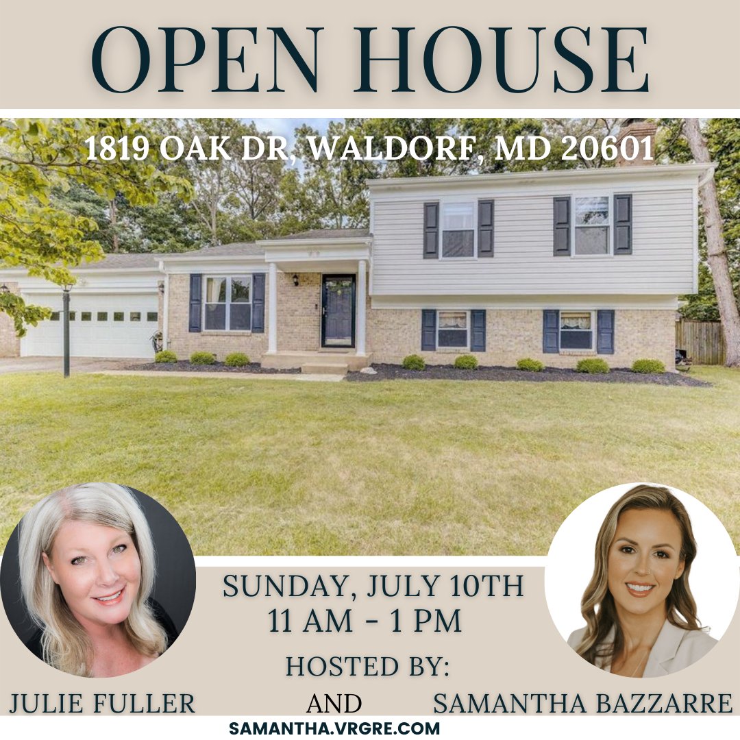 🏡OPEN HOUSE
WOW!🤩 Us in Waldorf, MD July 10th from 11AM - 1PM
✅3 bed/2.5 bath
✅1728 sqft
✅&amp;More!
More: bit.ly/3yiBBvM
Samantha Bazzarre - REALTOR®
VR Group | eXp Realty
📲 301.752.9950
☎️ 443.968.2671
samantha.bazzarre@vrgre.com
samantha.vrgre.com
#VRG #eXp