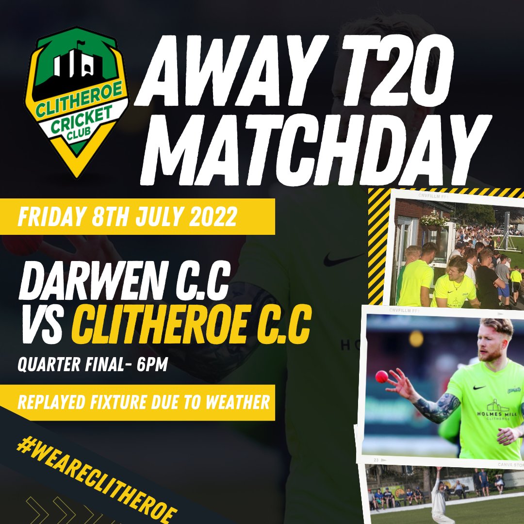 Clitheroe_CC's tweet photo. 🏏T20 Quarter Final Replay Matchday🏆
TONIGHT we take on @DarwenCC as we look to book ourselves a place at finals day!
⏰ 6pm &amp; FREE ENTRY with Live Music.
💚💛
We look forward to seeing you there!
#WeAreClitheroe https://t.co/dF6J1kilsm