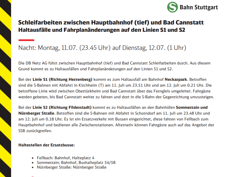 SBahn_Stuttgart's tweet photo. #Vorabinfo #Bauarbeiten 🚧🚉🏗️
In der Nacht vom 11.07. - 12.07.22 finden Schleifarbeiten statt.
Es kommt zu Abweichungen bei den Linien #S1 und #S2.
Infos dazu findet Ihr auf der Homepage:
https://t.co/sI1BgdcN2Q https://t.co/e6kLXXLLXO