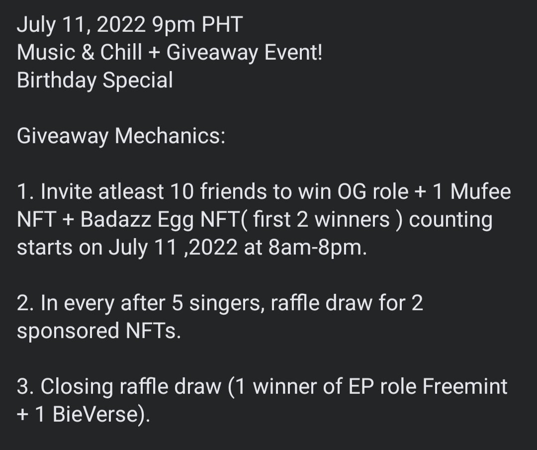 July 11, 2022 9pmJuly 11, 2022 9pm PhT
Music &amp; Chill + Giveaway Event!
Birthday Special

discord.gg/j8cXSq8d
#NFTCommmunity
