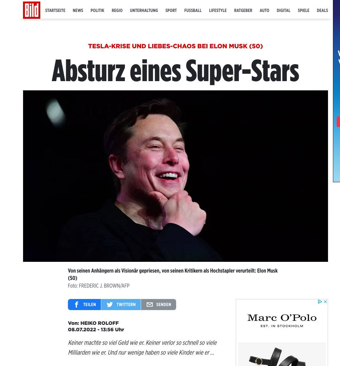 BesteButter's tweet photo. BILD's headline: Crash of a superstar. A lot about Elon Musk's breed, but still not a word about Amber Heard's defrosted campaign baby Oonagh. 🤔 #ElonMusk #AmberTurd #AmberHeardisaliar #AMberHeardisapsychoath #JohnnyDepp https://t.co/vS9UzFoC1w