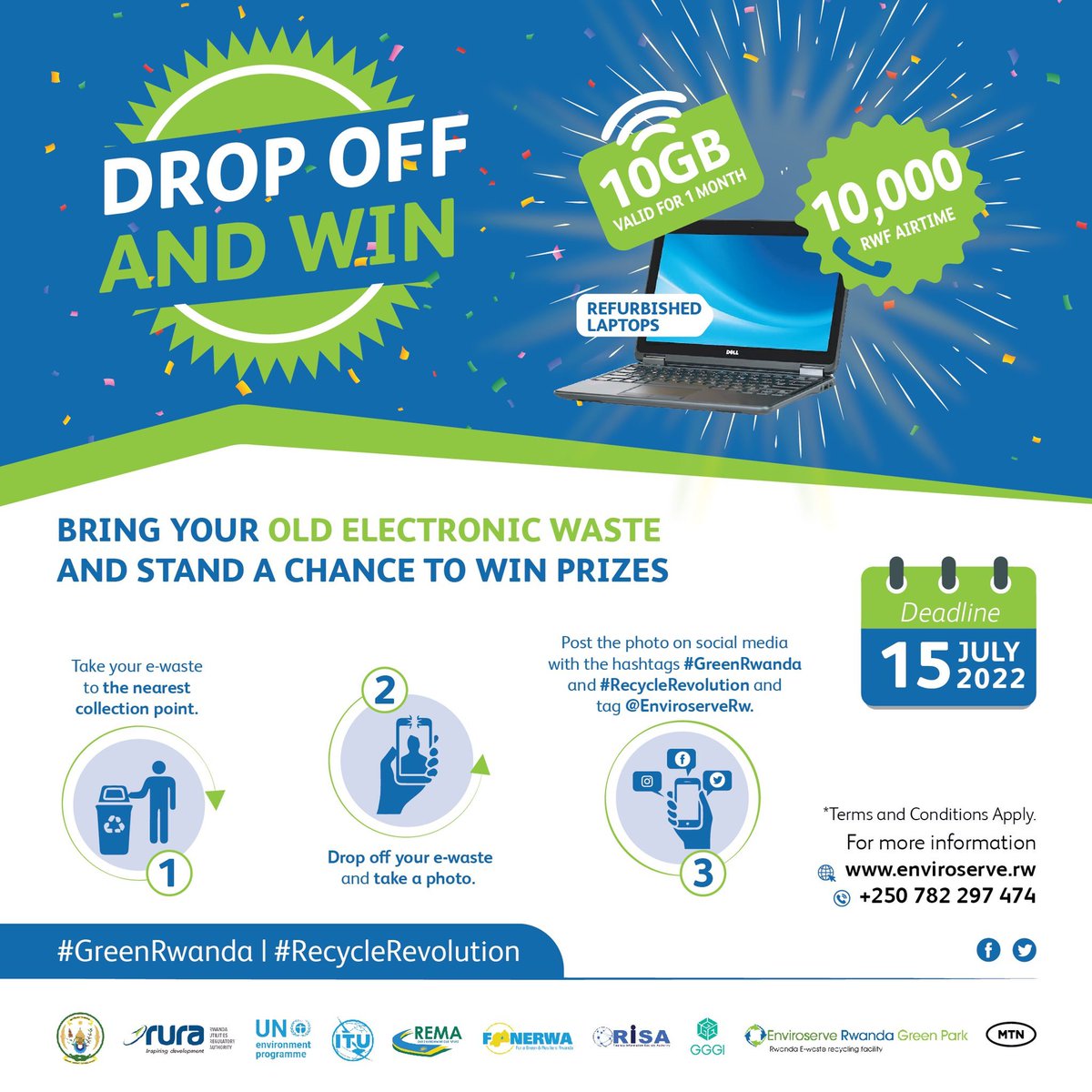ITUDevelopment's tweet photo. The #DropOffAndWin e-waste competition closes in one week - on 15 July!

This is your chance to turn what is labelled as “trash” into treasure. 

Read the terms and conditions: https://t.co/FDZZKu9jdn

#GreenRwanda 🇷🇼🌿 | #RecycleRevolution ♻️| #eWaste https://t.co/zU80uirqa1