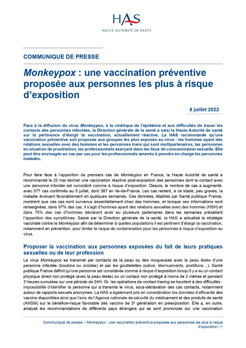 HAS_sante's tweet photo. #Communiqué | La HAS actualise la stratégie vaccinale contre le #Monkeypox et recommande, en complément de la vaccination post exposition autour d’un cas confirmé, une vaccination préventive des personnes les + exposées 👉 https://t.co/EMy9WtubPA 

| @SantePubliqueFr @Sante_Gouv https://t.co/TV3Osfcvhu