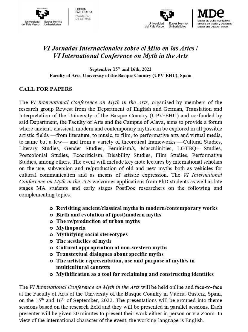SAAS_YScholars's tweet photo. 📢Don't miss out on this #CFP
VI International Conference on Myth in the Arts
Date: September 15 and 16
Location: hybrid (online/Faculty of Arts, University of the Basque 
Country (Vitoria-Gasteiz))
Deadline: 25 July
Registration fee: free https://t.co/idsKG5IINz
