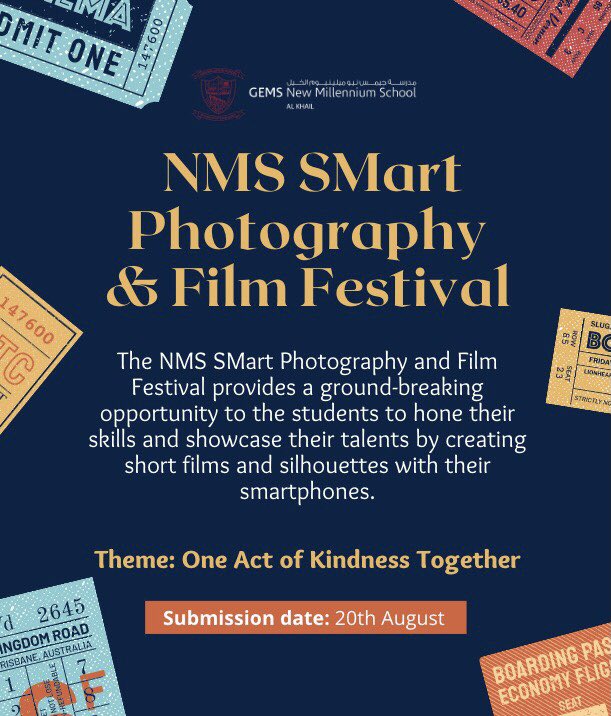 Showcase your filmmaking and photography skills through this amazing opportunity. Work throughout this summer vacation to create and produce the most refined artwork on the theme “One Act of Kindness”.
Good luck and put your best foot forward!
<a href="/Fatima_Martin/">Fatima Martin</a> <a href="/gemsnms_alkhail/">GEMS NMS Alkhail</a>